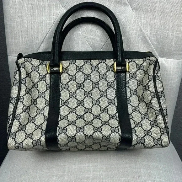 Vintage Gucci Boston Hand Bag Satchel Purse Monogram Navy Canvas Leather - Picture 3 of 16